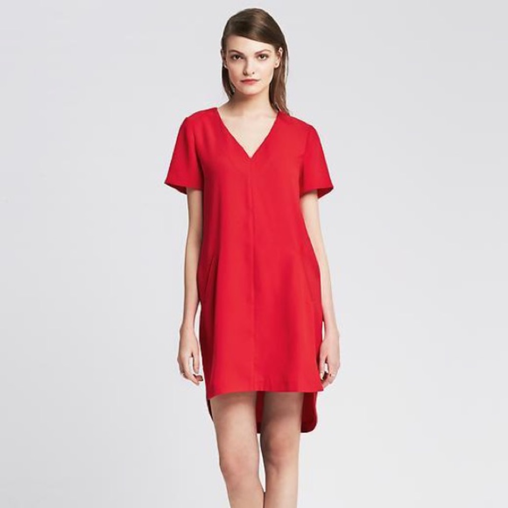 Banana Republic Round Hem Red V-Neck Shift Dress